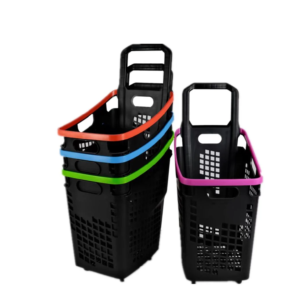 Customized Design Four Wheels Rolling Plastic Supermarket Shopping Basket