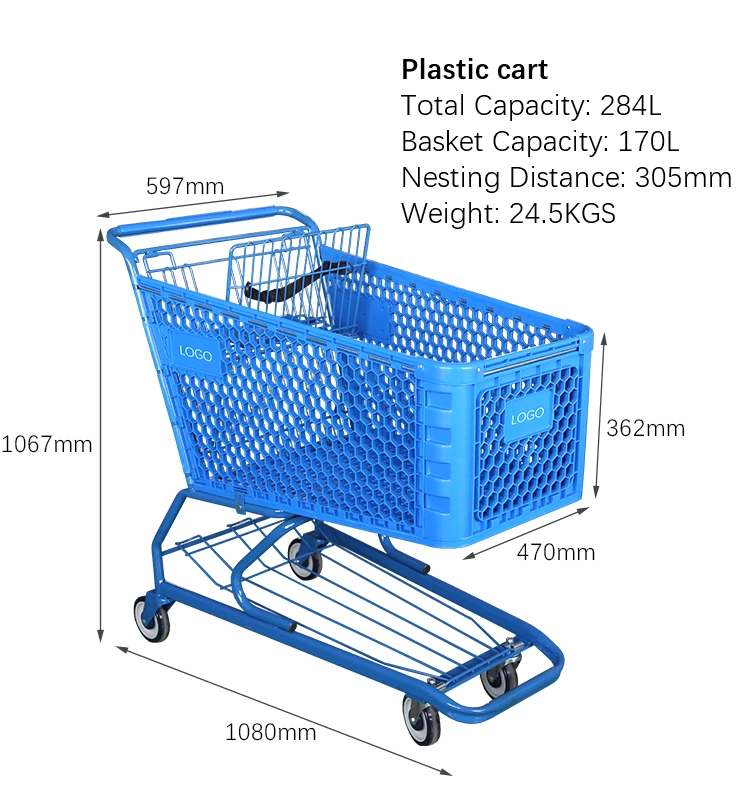 180 Liters Plastic Retail Grocery Supermarket Push Shopping Trolley for Us Market